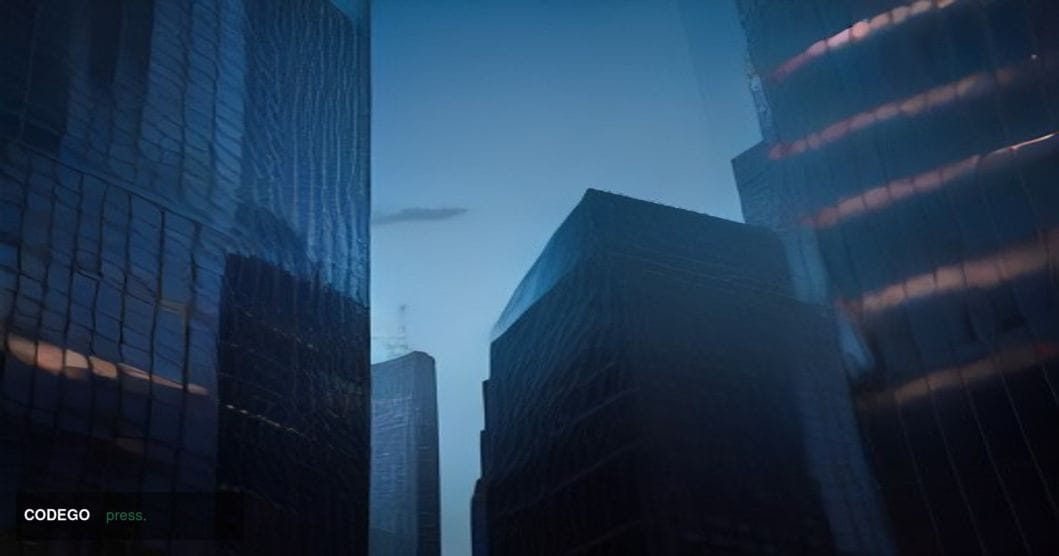 A cinematic editorial photograph shot from a low angle looking upward at two gleaming glass-and-steel corporate towers in a d