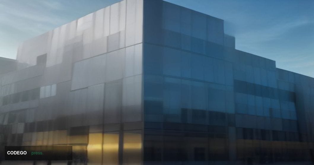 A dramatic wide-angle exterior shot of a sleek, modern American financial technology campus at golden hour, photographed from
