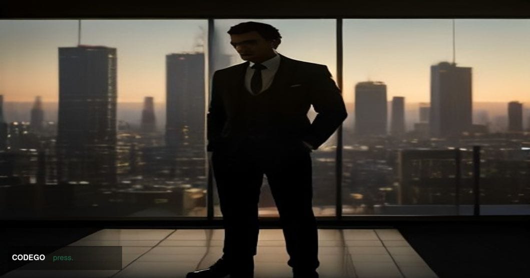 A cinematic editorial photograph set inside a grand Johannesburg financial conference hall, with floor-to-ceiling glass windo