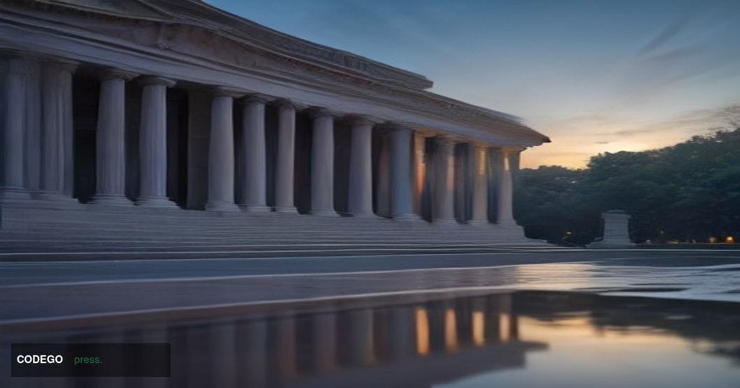 A dramatic photorealistic editorial photograph of the exterior of the SEC headquarters building in Washington D.C. — the neoc