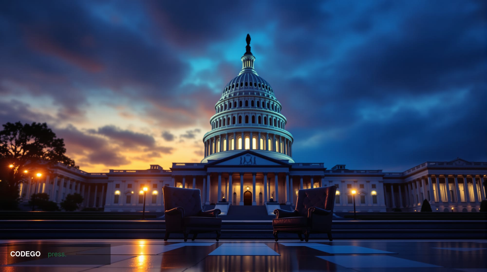 A dramatic wide-angle shot of the exterior of the U.S. Capitol Building at dusk, captured from a low angle with the dome risi