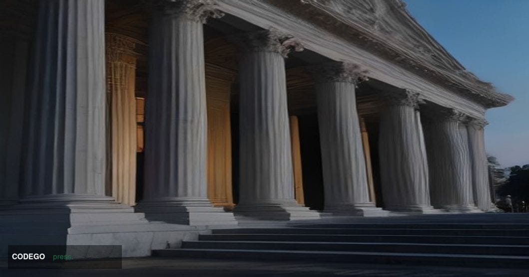 A cinematic editorial photograph of the exterior of a grand neoclassical government building in Washington D.C., shot from a 