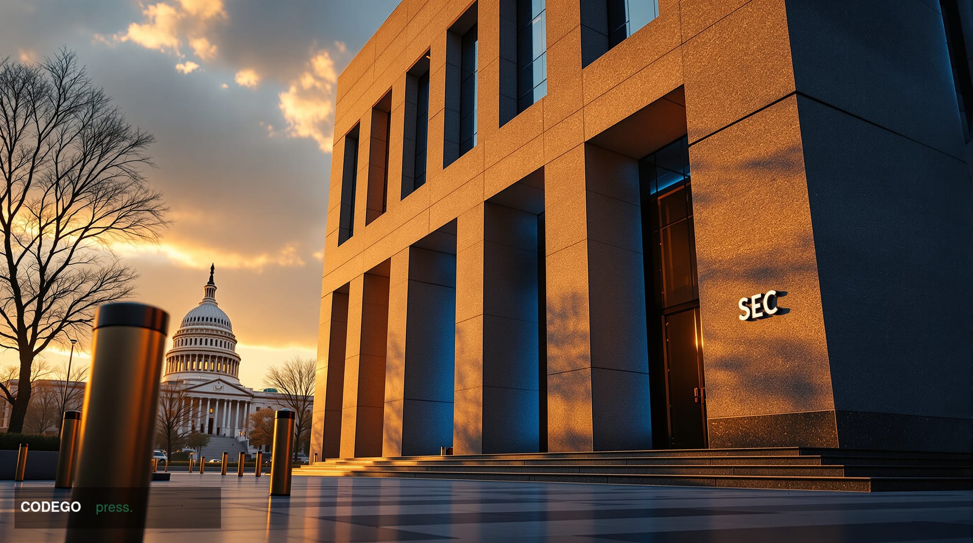 A wide-angle cinematic shot of the SEC headquarters building in Washington D.C. — the angular brutalist stone facade rising a