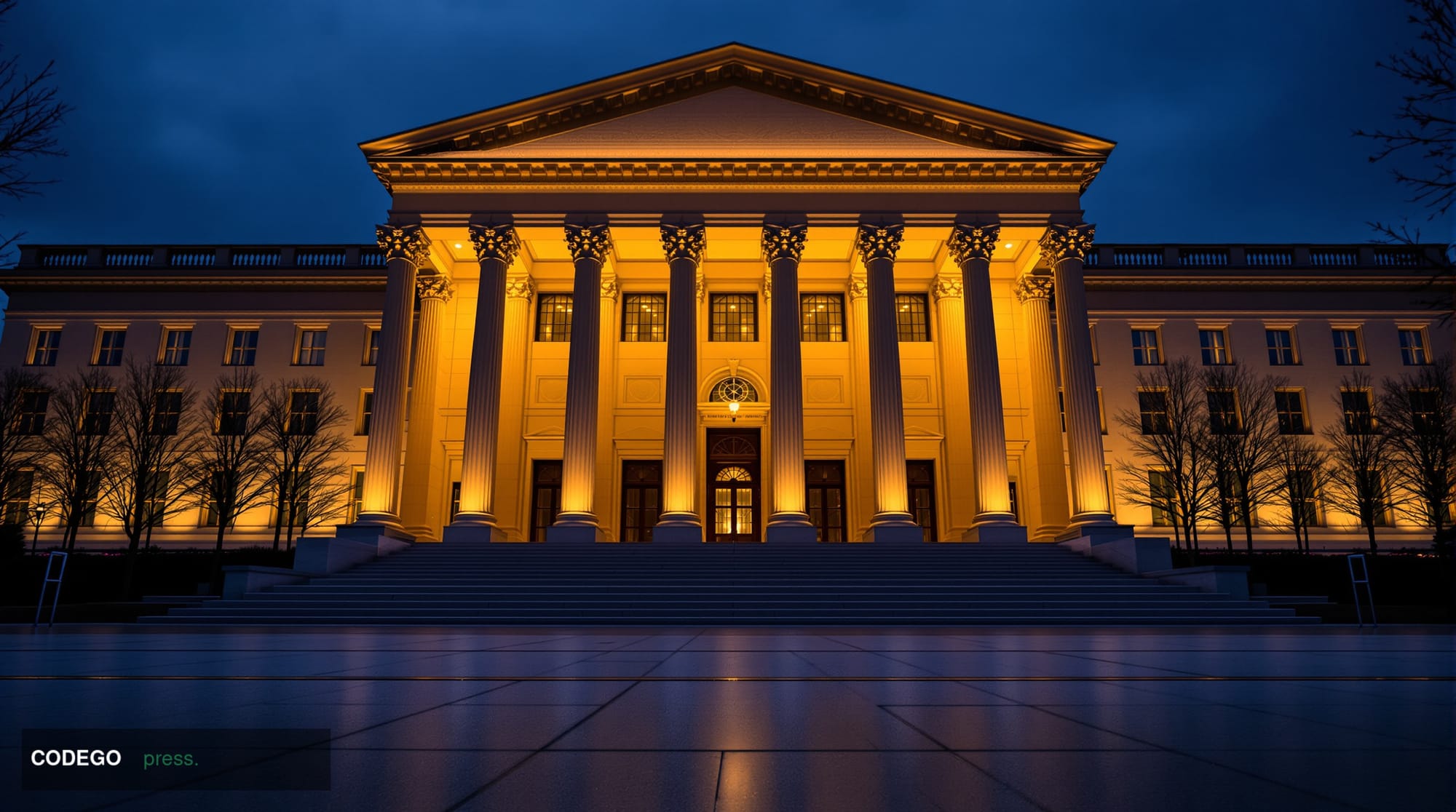 A dramatic wide-angle shot of the exterior of the SEC headquarters building in Washington D.C. at dusk, its neoclassical ston