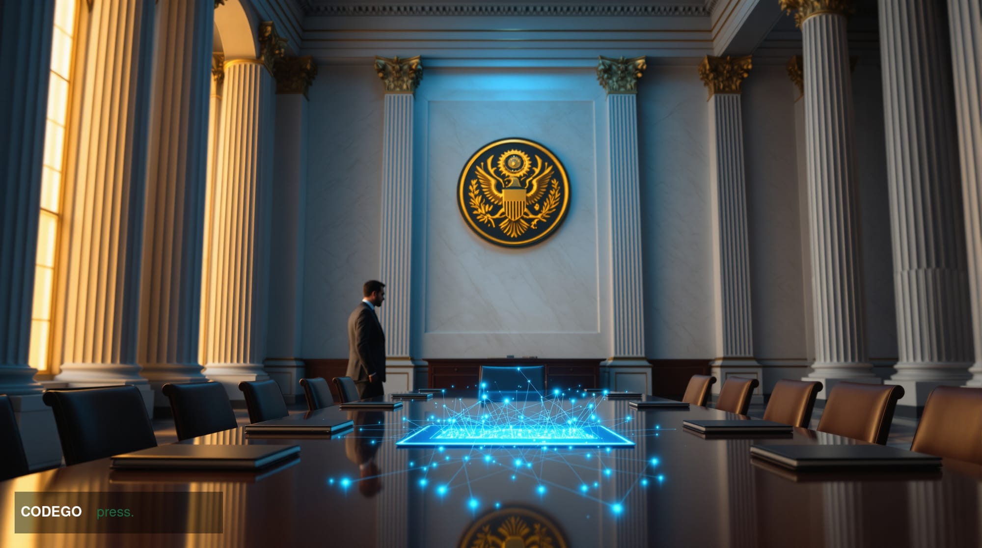 A dramatic cinematic editorial photograph set inside a grand governmental financial regulatory chamber in Washington D.C., fe