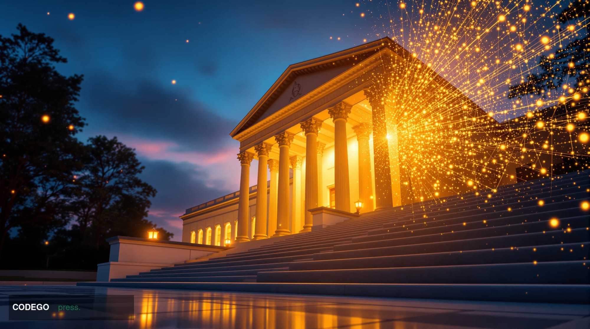 A dramatic low-angle exterior shot of a neoclassical federal government financial building in Washington D.C., framed against