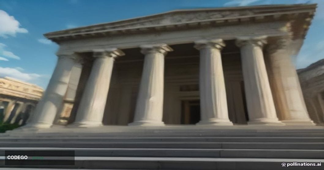 A grand neoclassical government financial building façade shot from a low angle at golden hour, its towering marble columns c