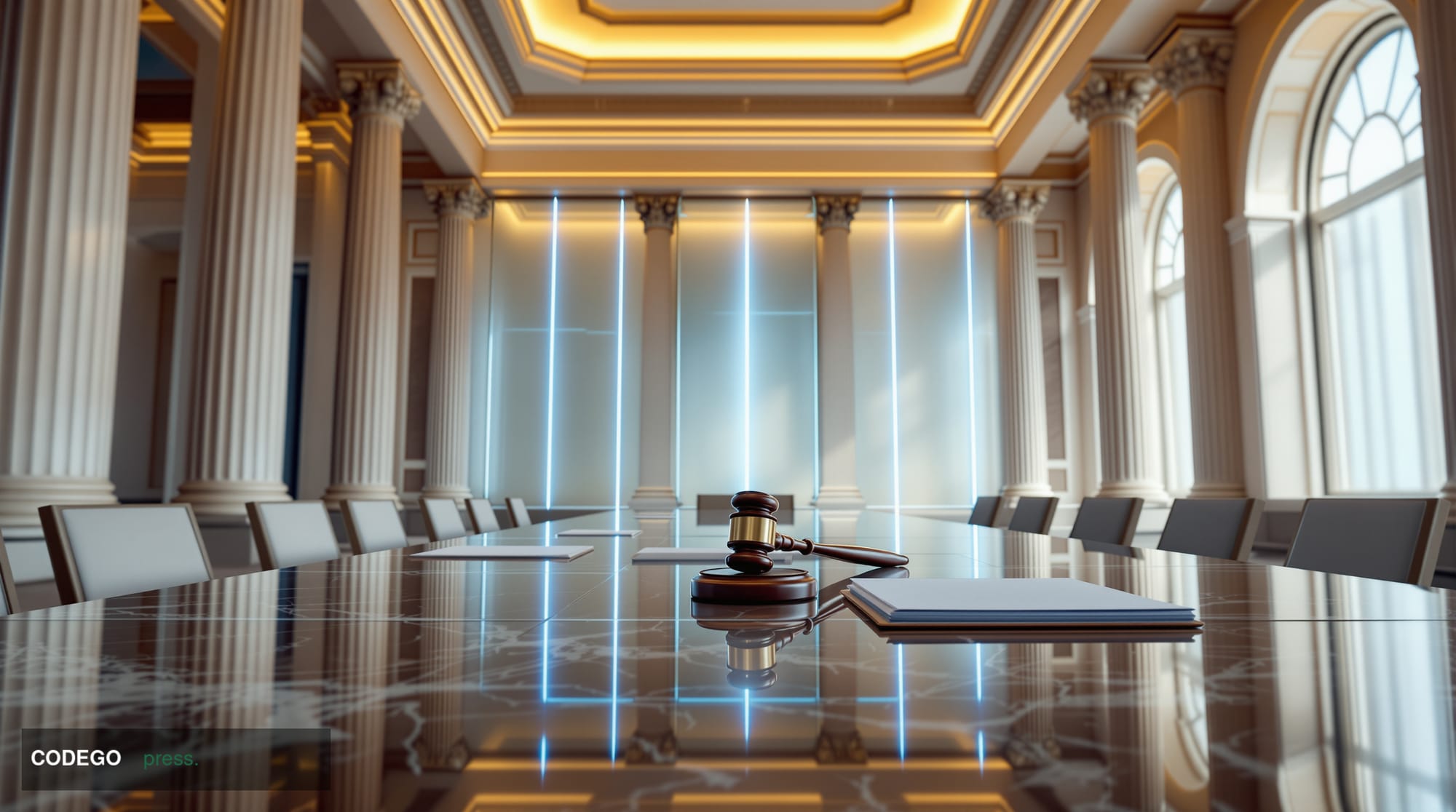 A photorealistic cinematic editorial photograph set inside a grand neoclassical federal building interior in Washington D.C.,