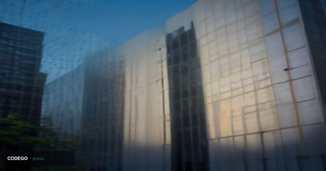 A cinematic editorial photograph of the SEC headquarters building in Washington D.C. — the brutalist glass-and-concrete facad