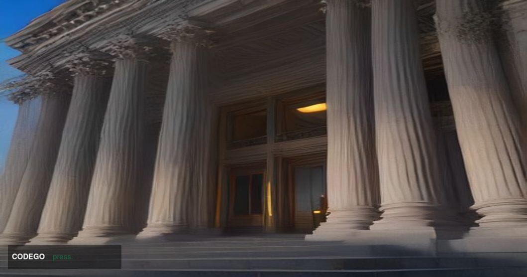 A dramatic low-angle cinematic shot of the neoclassical facade of the SEC's Washington D.C. headquarters at dusk, its marble 