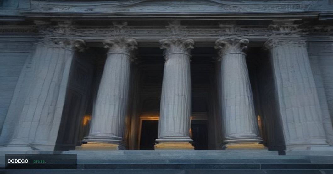 A dramatic cinematic editorial photograph shot at ground level looking up at the imposing neoclassical granite facade of a fe