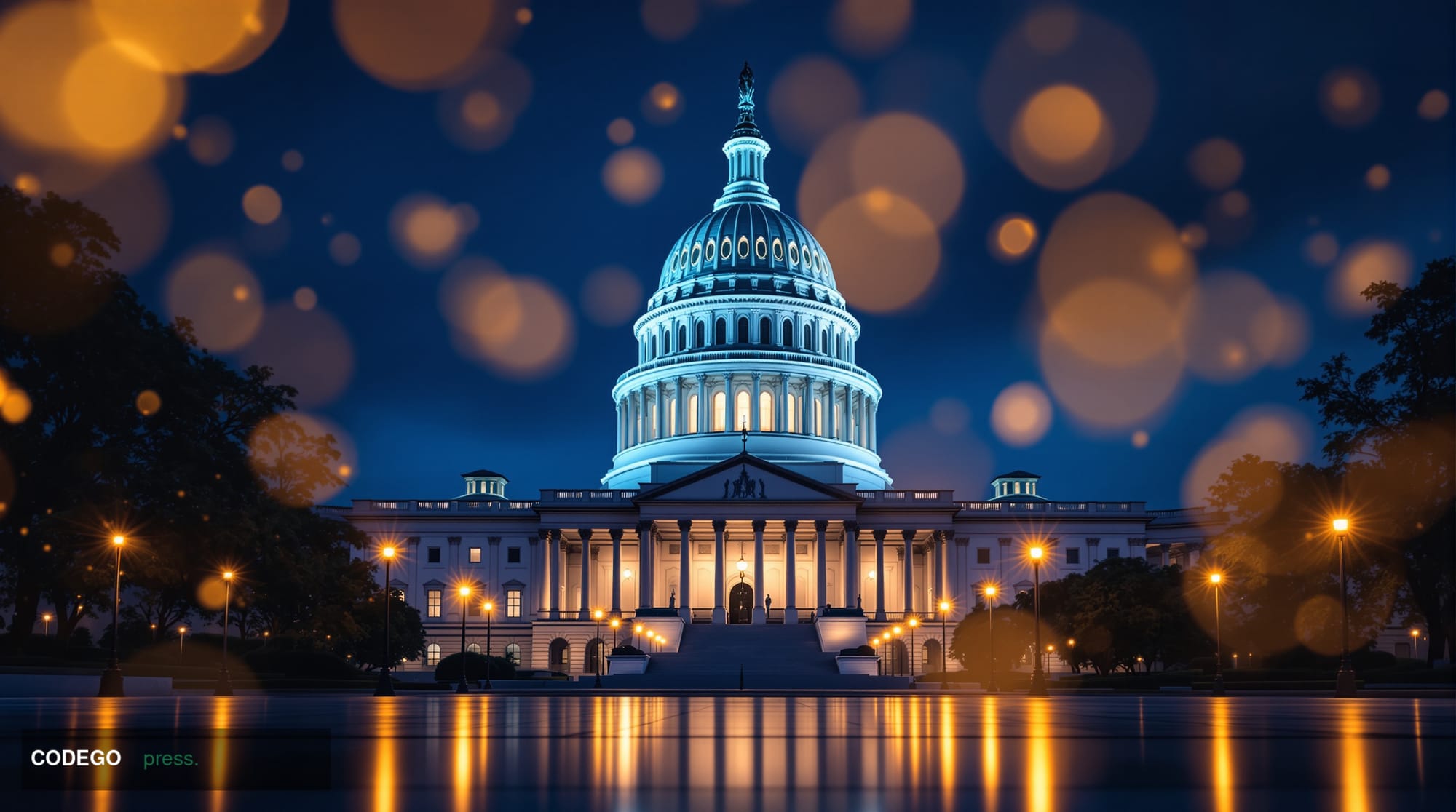 A wide-angle cinematic shot of the exterior of the United States Capitol Building at dusk, its neoclassical marble dome bathe
