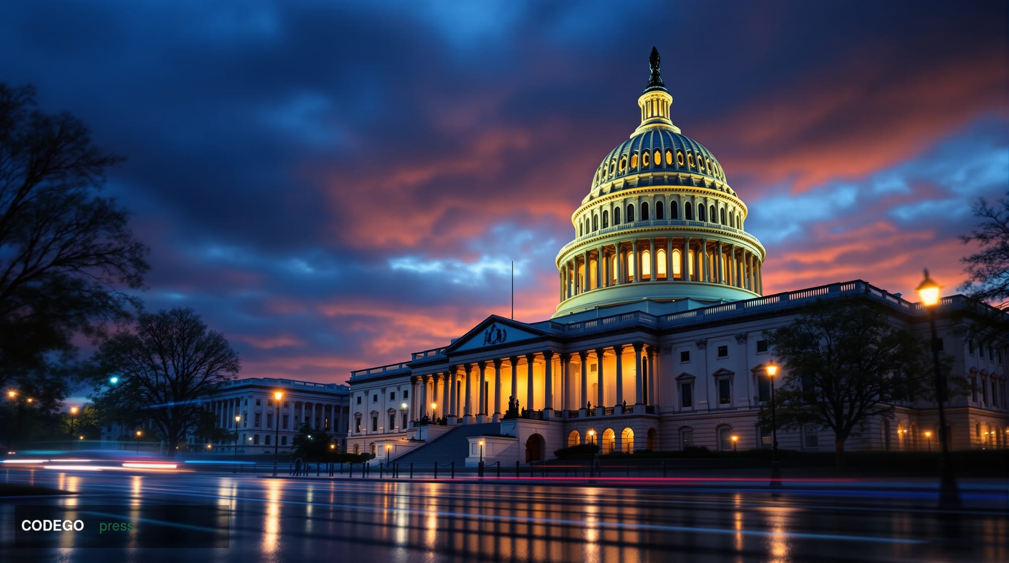 A wide-angle cinematic shot of the United States Capitol building exterior at dusk, photographed from a low angle looking upw