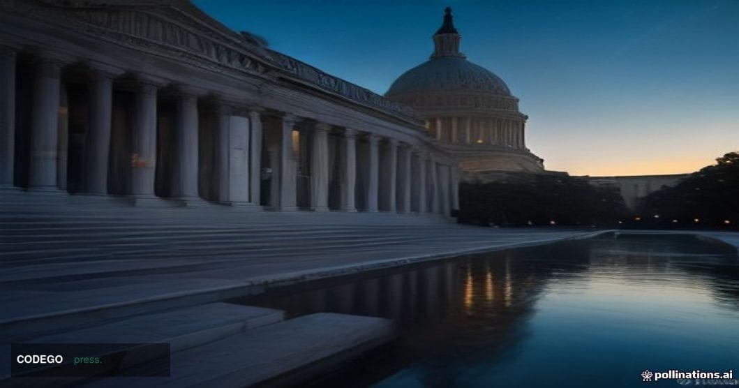 A dramatic wide-angle shot of the United States Capitol building's neoclassical stone facade at dusk, seen from a low angle l
