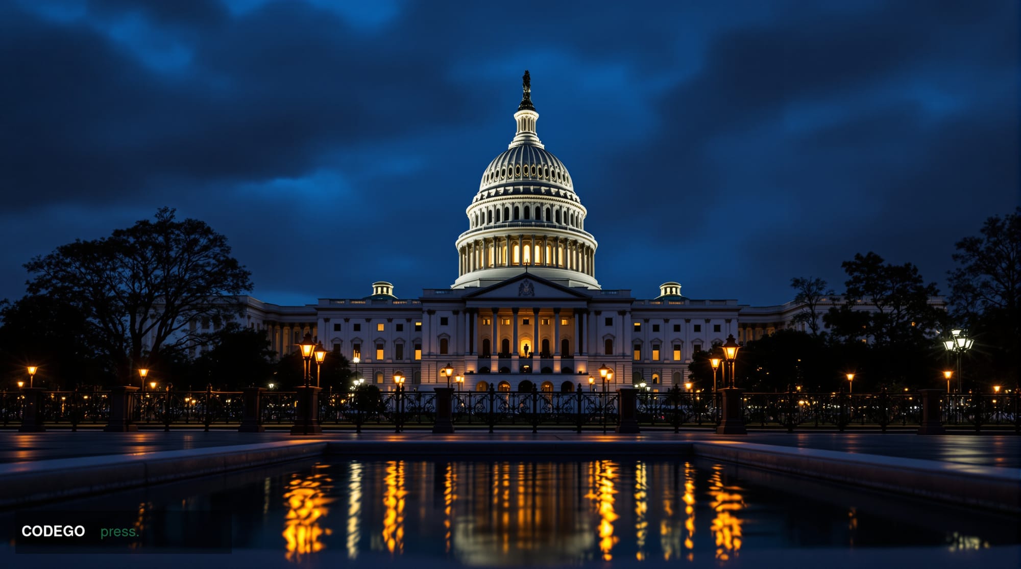 A dramatic wide-angle shot of the United States Capitol building in Washington D.C. at late dusk, viewed from the west front 