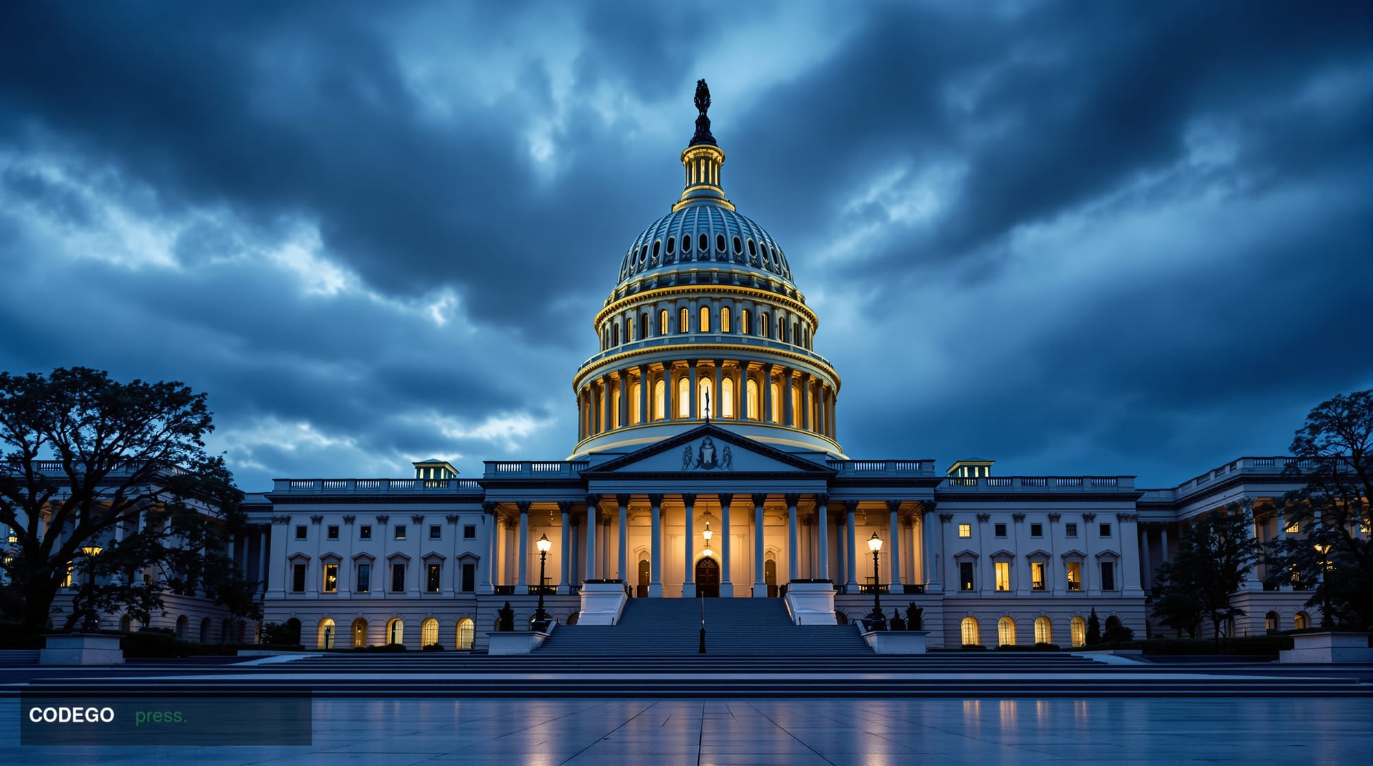 A wide-angle cinematic shot of the United States Capitol building at dusk, viewed from the west front plaza, with dramatic st