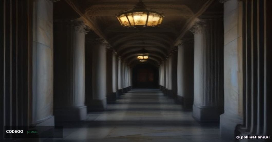 A wide-angle cinematic shot of the United States Senate chamber corridor exterior at dusk, the neoclassical marble columns of