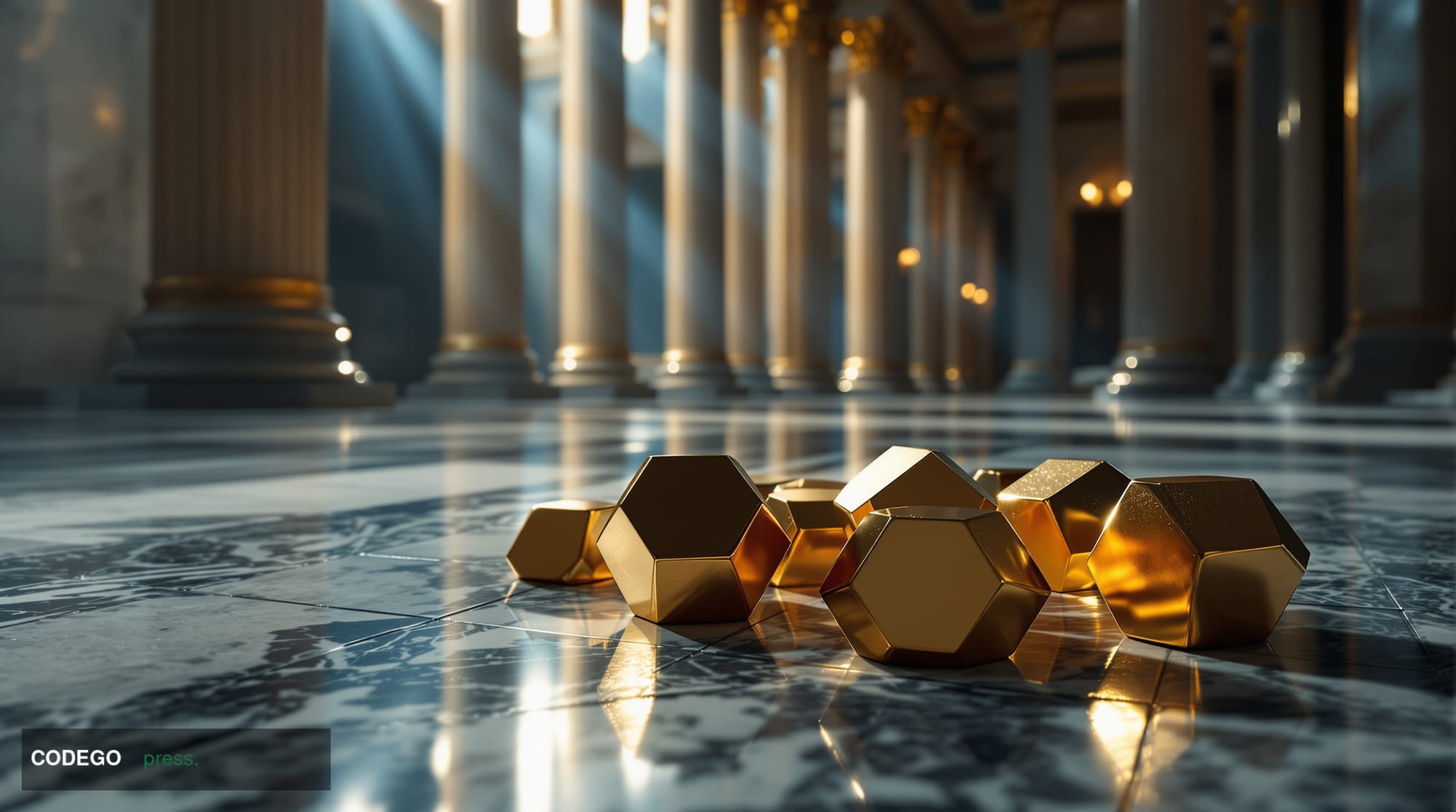 A grand neoclassical Senate chamber interior shot from a low dramatic angle, empty marble corridors stretching into the backg