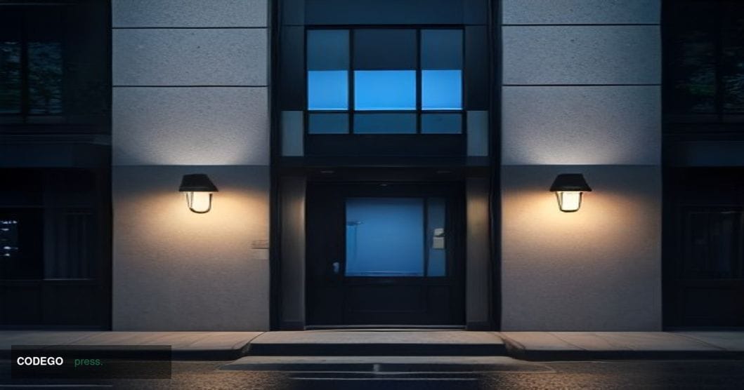 A dramatic cinematic editorial photograph of a mid-sized American bank branch exterior at dusk, its glass facade darkened and