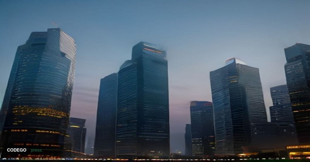 A cinematic editorial photograph of Singapore's financial district skyline at dusk, viewed from ground level looking upward a