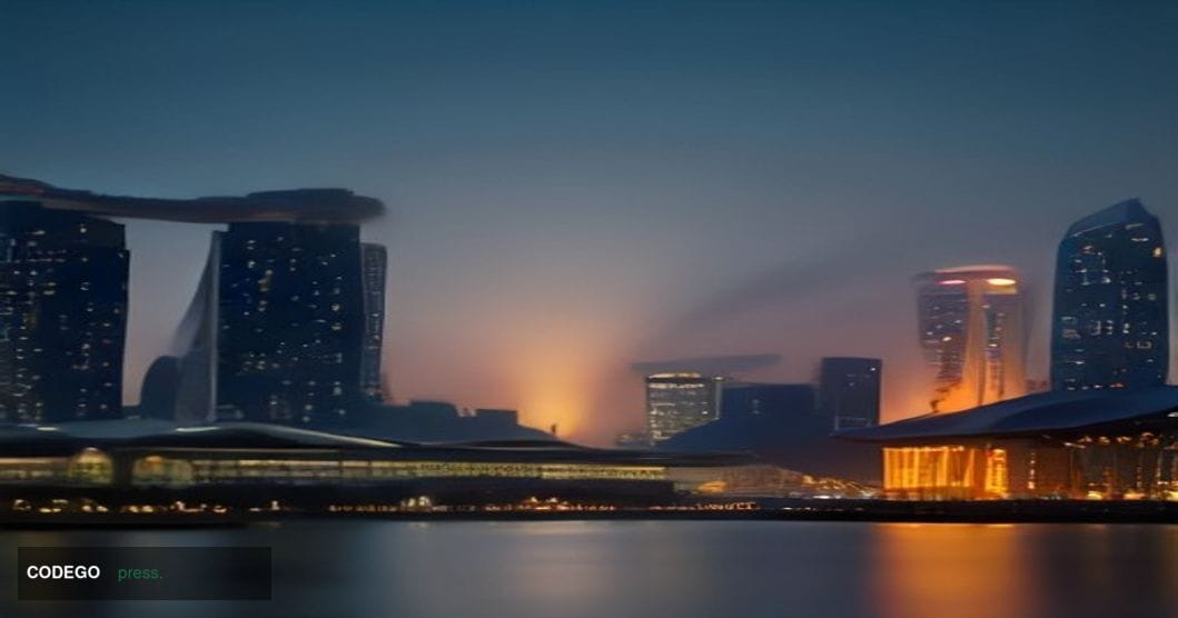 A cinematic editorial photograph of Marina Bay Sands and the Singapore financial district skyline at dusk, shot from a low an
