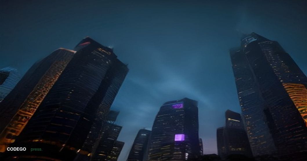 A cinematic editorial photograph set in Singapore's central business district, viewed from a low-angle perspective looking up