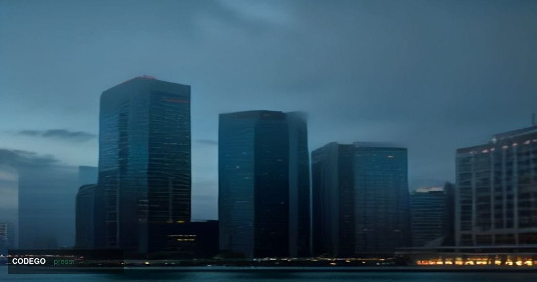 A photorealistic cinematic editorial photograph of the Monetary Authority of Singapore's distinctive modernist headquarters b