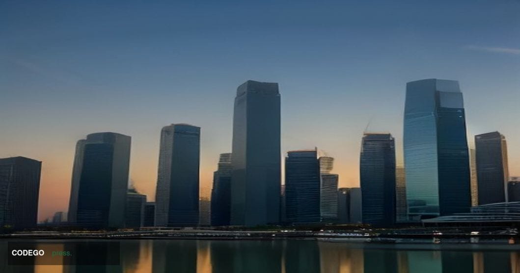 A sweeping low-angle cinematic shot of Singapore's central financial district skyline at dusk, dominated by the iconic Marina