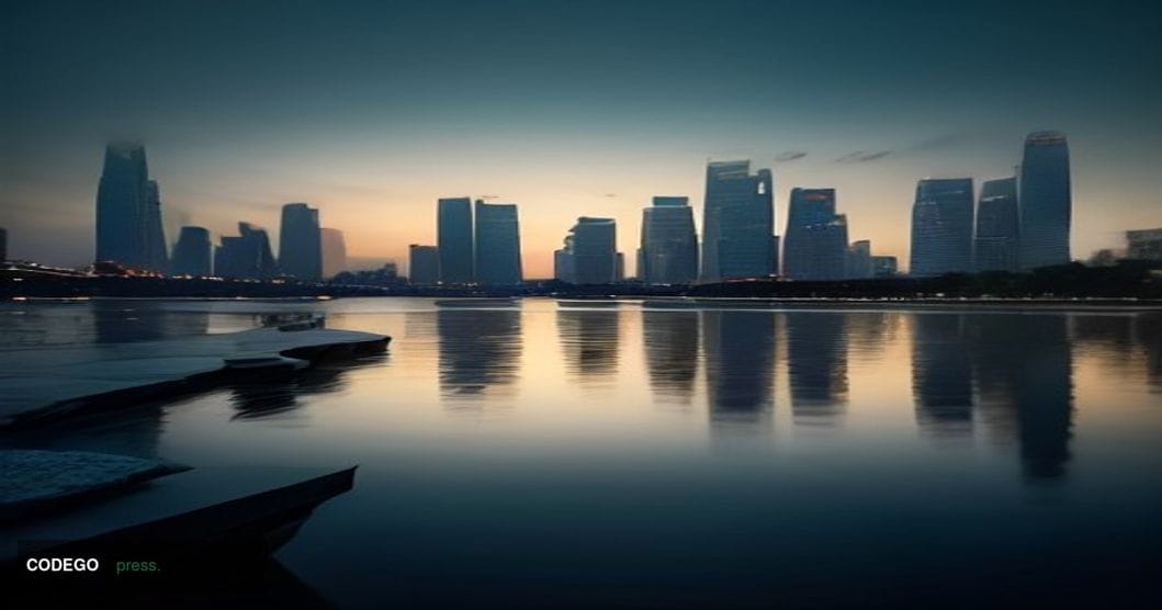 A dramatic low-angle cinematic shot of Singapore's iconic Marina Bay financial district skyline at dusk, with the glass-and-s