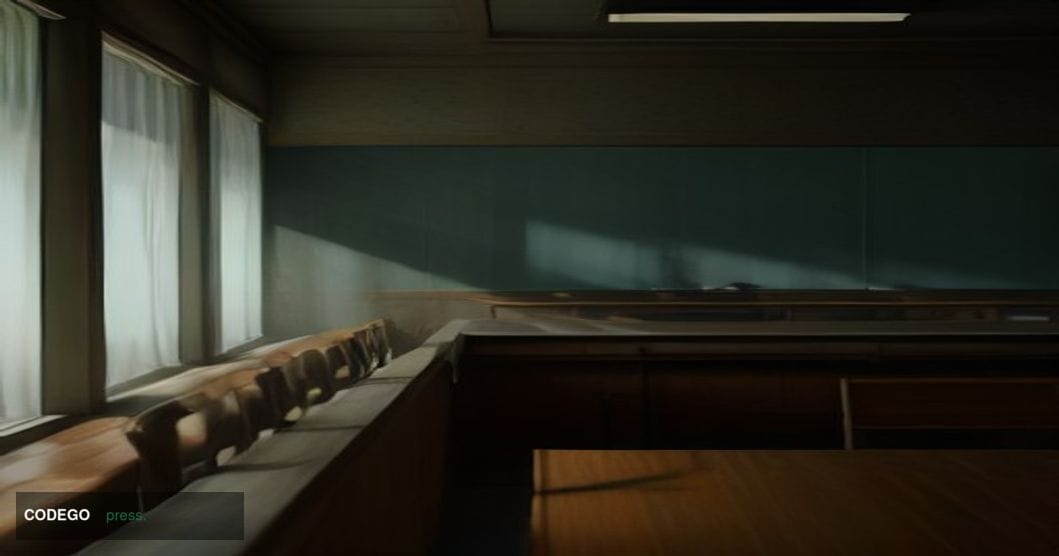 A cinematic editorial photograph set in a stark, modernist Singapore courtroom interior, shot from a low angle looking up tow