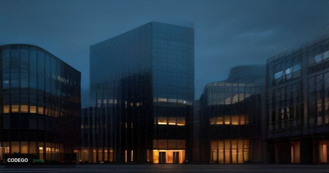 A cinematic editorial photograph set in Zurich's financial district at dusk, with the distinctive glass-and-steel architectur