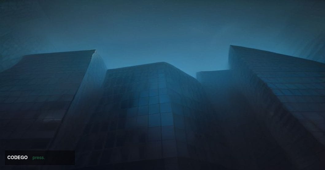 A dramatic cinematic editorial photograph shot at ground level looking upward at two contrasting architectural structures sid
