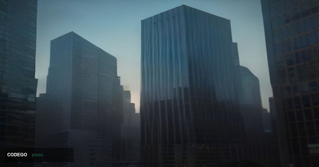 A photorealistic editorial photograph shot from a low angle looking upward at two monumental glass-and-steel corporate towers