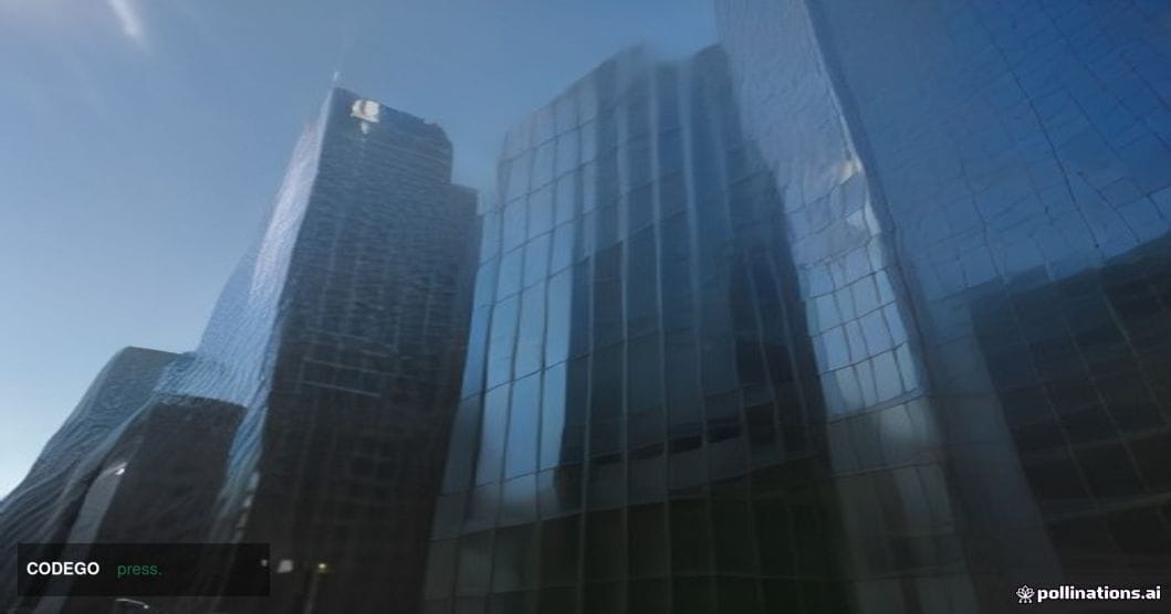 A cinematic editorial photograph of a sleek, modern American financial institution headquarters at golden hour, shot from a l