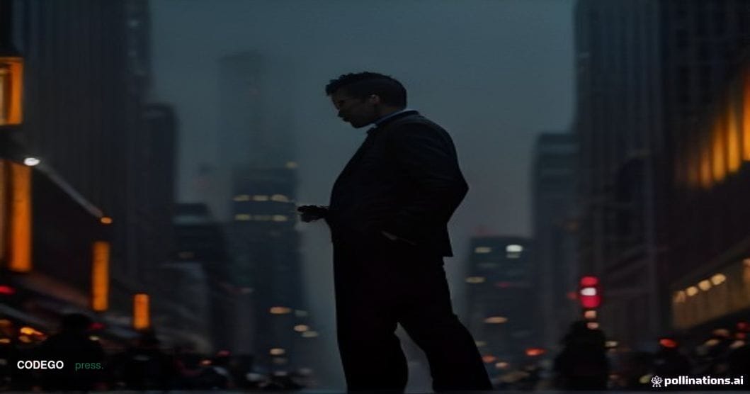 A cinematic editorial photograph set in a bustling Seoul financial district at dusk, shot from street level looking upward at