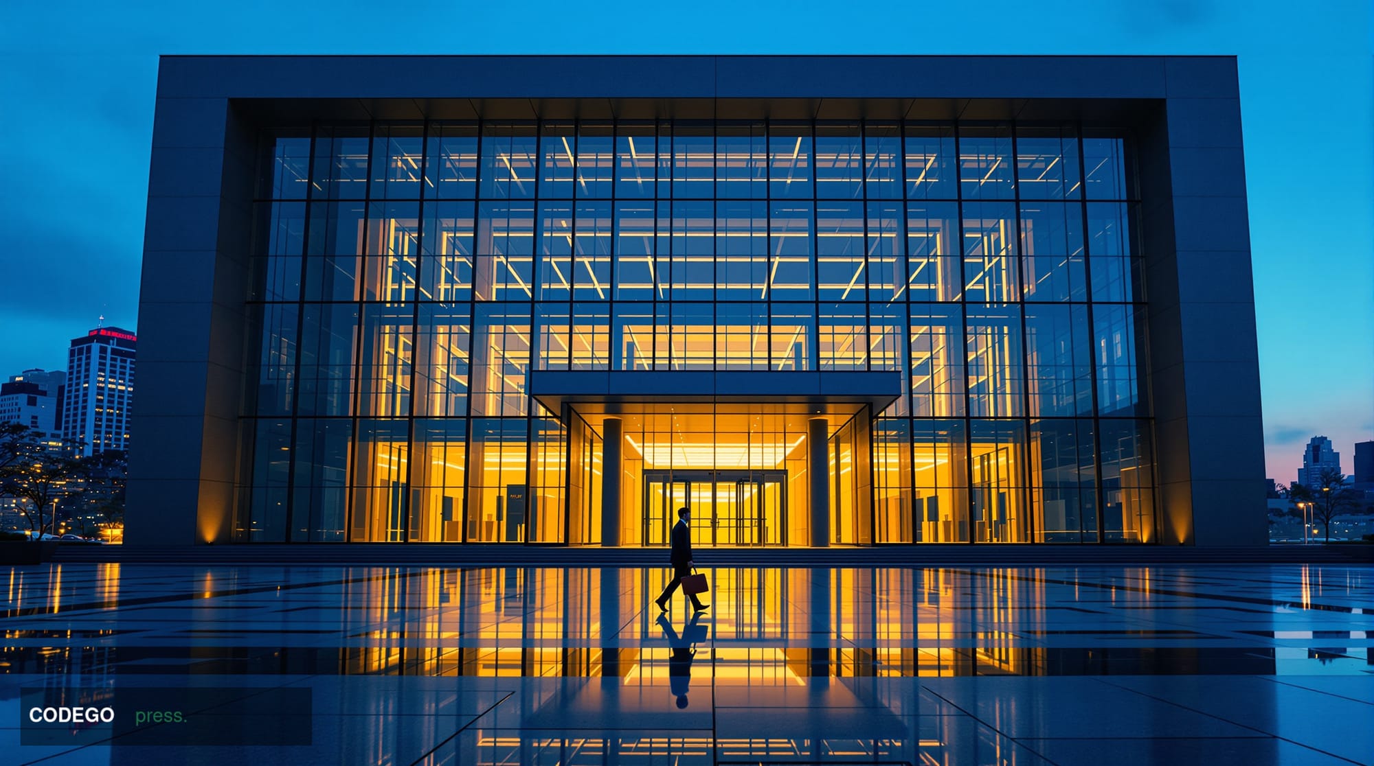 A cinematic editorial photograph shot from a low angle looking up at the imposing granite and glass facade of a South Korean 