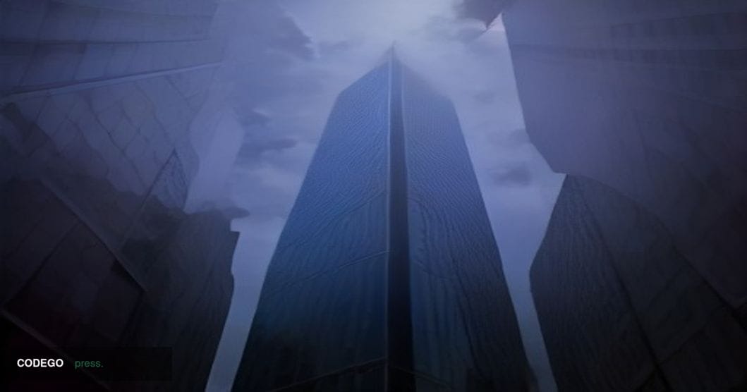 A dramatic cinematic editorial photograph taken from street level looking upward at the glass-and-steel towers of Seoul's Yeo