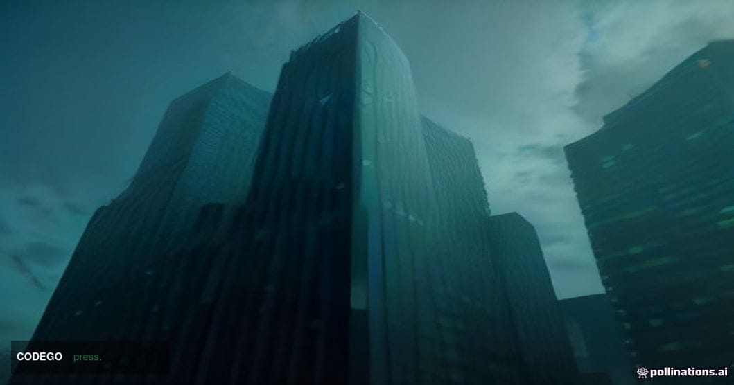 A cinematic editorial photograph of a monumental glass-and-steel financial district skyscraper at dusk, shot from a low-angle