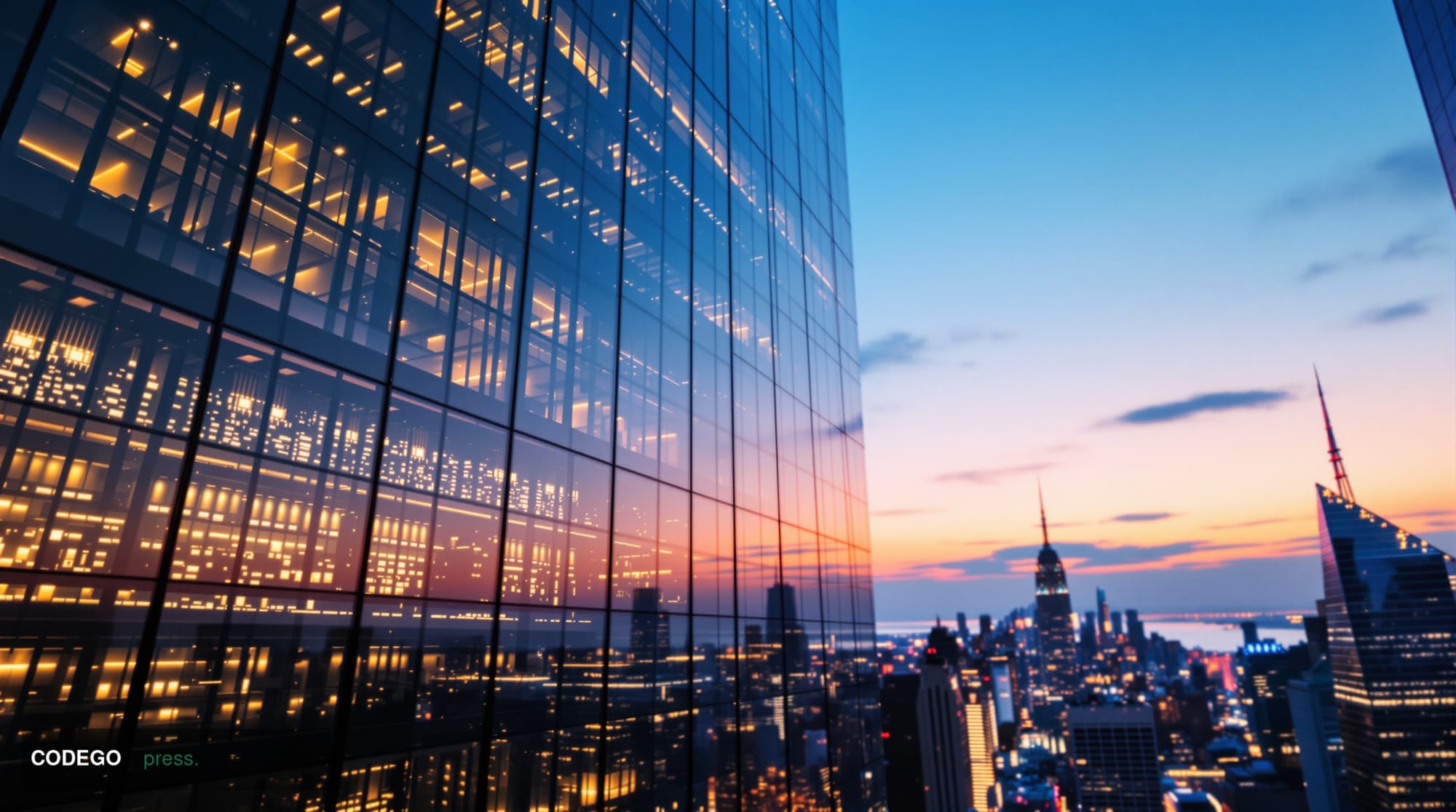 A cinematic editorial photograph of a monumental glass-and-steel financial district skyscraper — evoking the scale and author