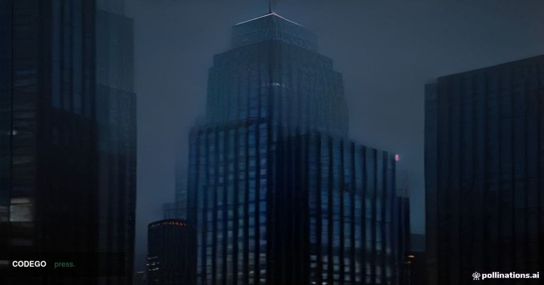 A cinematic editorial photograph capturing the architectural grandeur of a major financial district at twilight, with two con
