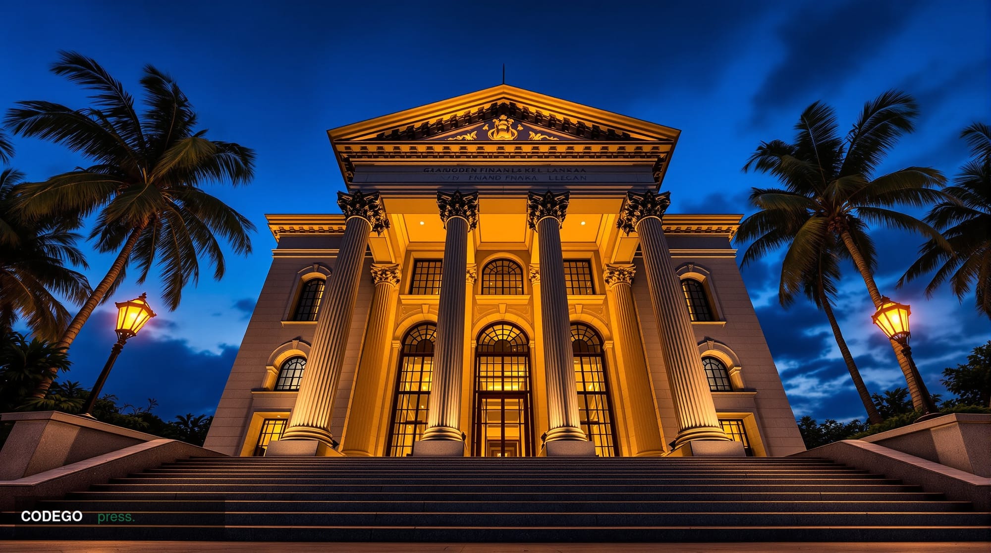 A cinematic editorial photograph set in Colombo, Sri Lanka, featuring the dramatic neoclassical façade of a grand government 
