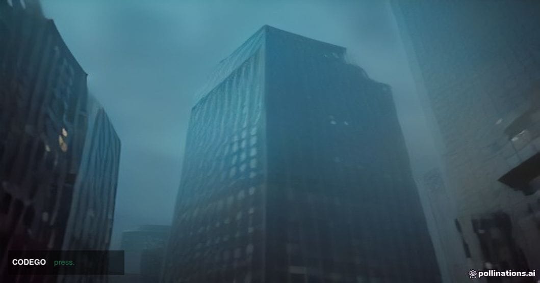 A cinematic editorial photograph shot from a low angle looking upward at the glass-and-steel facades of two imposing financia