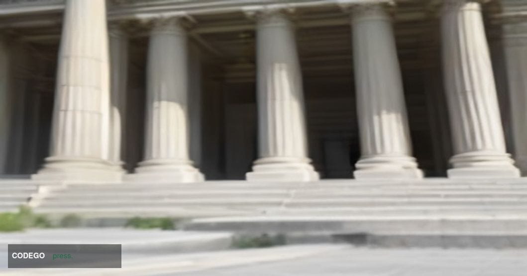 A cinematic photorealistic editorial photograph shot at ground level looking up at the neoclassical white stone facade of the