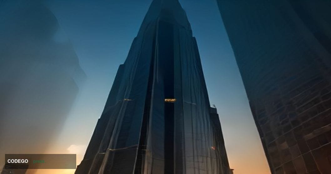 A dramatic cinematic editorial photograph of a towering glass-and-steel banking tower in Dubai's financial district at dusk, 