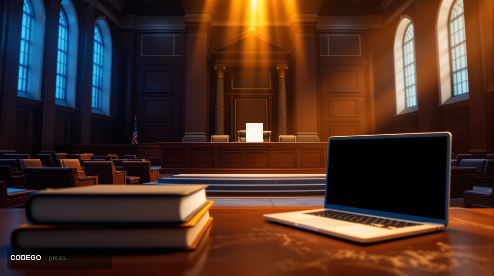 A photorealistic editorial photograph set inside a grand, high-ceilinged state regulatory chamber or federal-style banking su