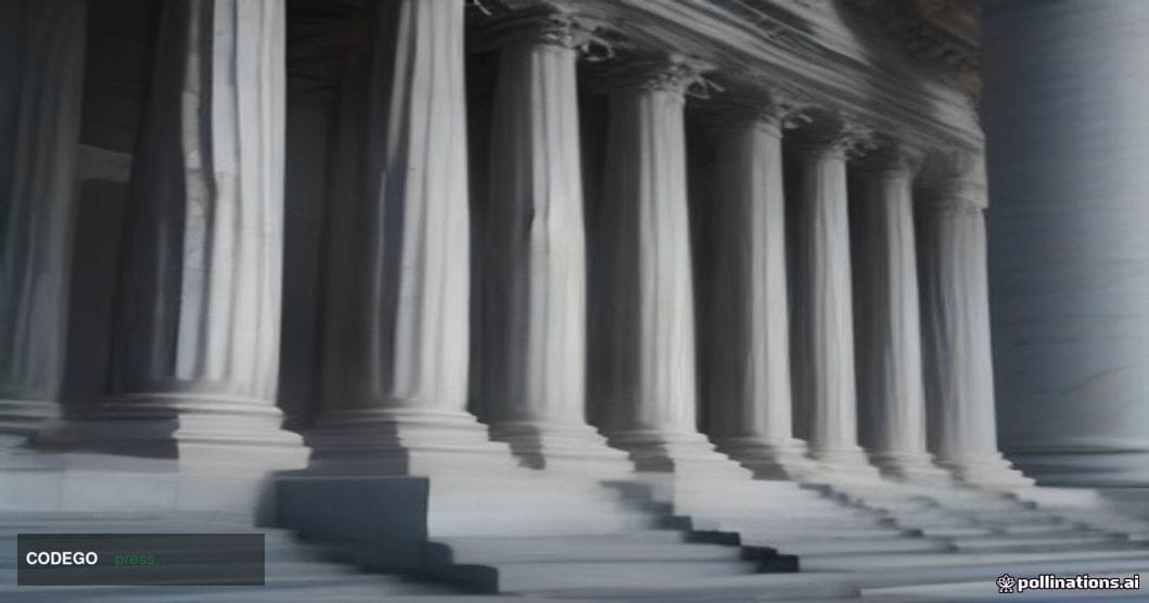 A grand neoclassical state banking regulatory building photographed at dusk from a low-angle perspective, its stone columns a
