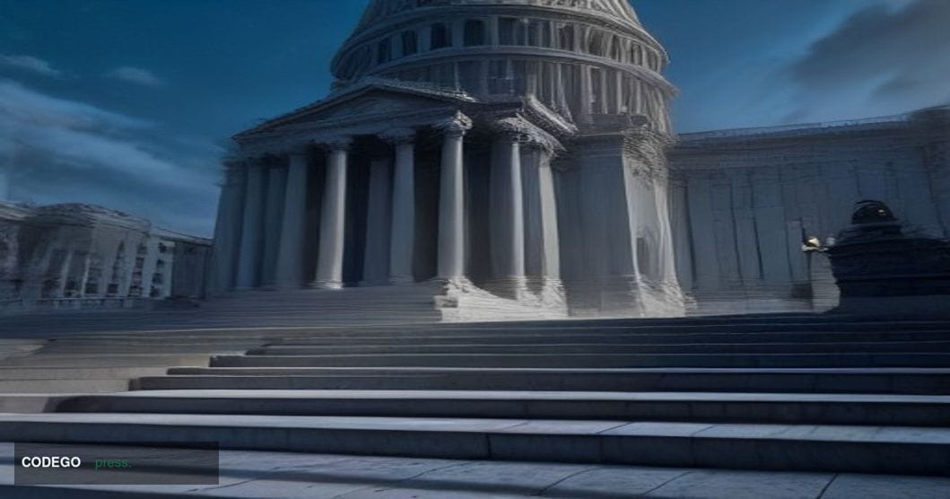 A wide-angle cinematic editorial photograph taken at dusk from street level looking upward at four towering U.S. state capito