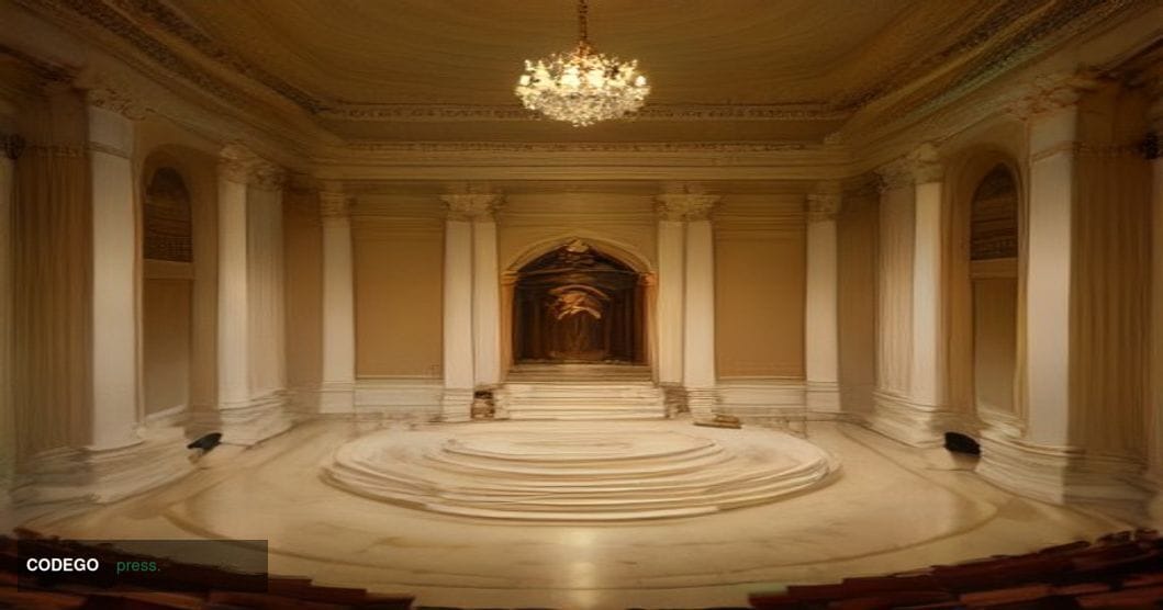 A cinematic editorial photograph set in a grand neoclassical conference hall in Athens, Greece, evoking the weight and gravit