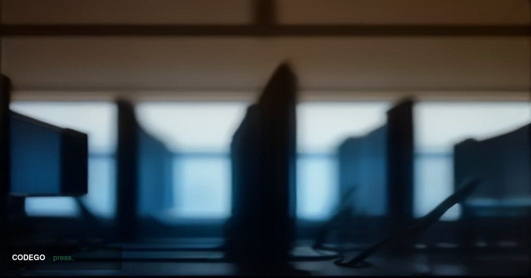 A cinematic editorial photograph of a dimly lit financial security operations center, shot from a low-angle wide perspective,