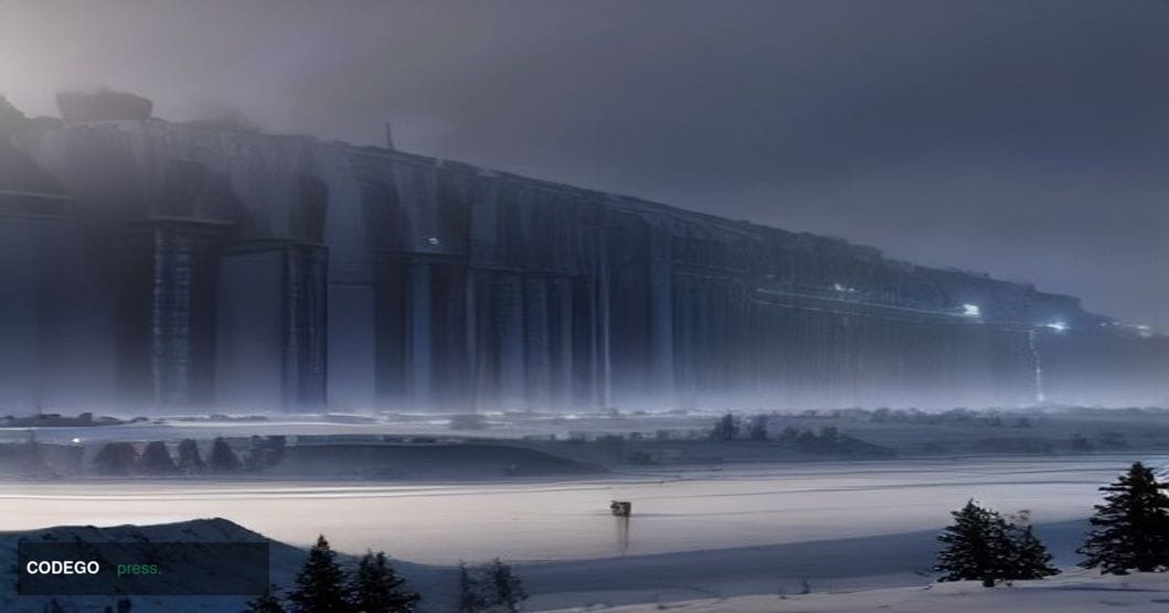 A cinematic editorial photograph of a large-scale industrial cryptocurrency mining facility set against the dramatic subarcti